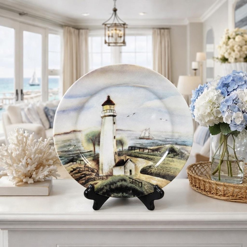 Vintage Coastal Lighthouse Decorative Plate Nautical Sailboat Seagulls 8 Inch